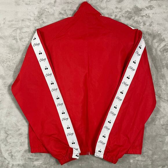 Women’s Obey Worldwide Cherry Windbreaker Full Zip Jacket Red Lightweight Coat - Picture 4 of 11